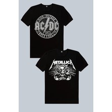 Rock&Roll Metallica Kurukafa, Dairede Acdc Siyah 2'li Erkek Tshirt Eko Paket