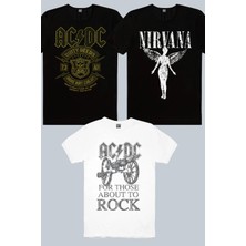 Rock&Roll Karlı Acdc, Top Rock Acdc Beyaz, Melek Nirvana Siyah 3'lü Erkek Tshirt Eko Paket