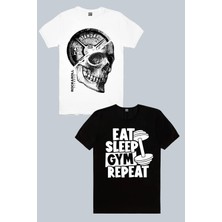 Rock&Roll Disk Kafa Beyaz, Gym Hayatı Siyah 2'li Erkek Tshirt Eko Paket