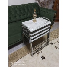 Güvenç Zigon Sehpa Alaca Beyaz Mermer Desenli Nikelaj Kaplama Metal Ayaklı 55x35 cm