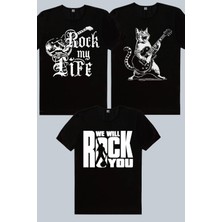 Rock&Roll Sarman Rock, Hayatım Rock, Just Rock You Siyah 3'lü Kadın Tshirt Eko Paket