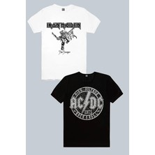 Rock&Roll Iron Maiden Beyaz, Dairede Acdc Siyah 2'li Erkek Tshirt Eko Paket