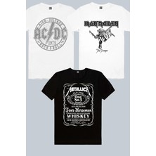 Rock&Roll Iron Maiden Beyaz, Dairede Acdc Beyaz, Metallica Jack Logo 3'lü Erkek Tshirt Eko Paket
