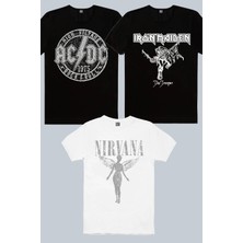Rock&Roll Iron Maiden Siyah, Melek Nirvana Beyaz, Dairede Acdc Siyah 3'lü Kadın Tshirt Eko Paket