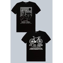 Rock&Roll Çizgili Scooter, Bisiklet Hastası Siyah 2'li Kadın Tshirt Eko Paket