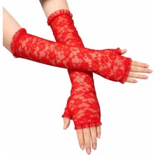 Periboia Uzun Zarif Dantel Eldiven Parmaksız Kırmızı 35 cm