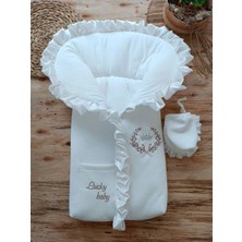 LTG Nova Yenidoğan Ultralüks Fermuarlı Cepli Lucky Turk Nakışlı Bebek Battaniyesi Kundak Ekru