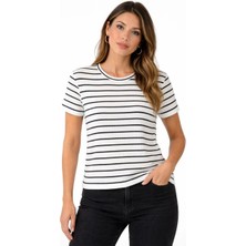 Alfanora Kadın Çizgili Yazlık Triko T-Shirt Bisiklet Yaka Rahat Kalıp Tişört - Beyaz