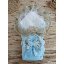 LTG Nova Yenidoğan Kumru Melek Kanat Fiyonklu Gold Çift Dantel Duvaklı Trilüks Kundak Bebek Battaniyesi