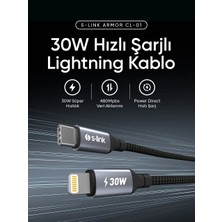 S-link Armor CL-01 30W 1.2m Type-C to Lightning PD Örgülü Metal Başlıklı Siyah Hızlı Şarj Kablosu