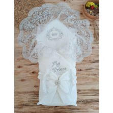 LTG Nova Yenidoğan Pamuk Taç Benim Prensim Nakışlı Trilüks Kundak Bebek Battaniyesi Ekru