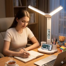 Eser Ticarett LCD Ekranlı Dijital Saatli Sıcaklık Göstergeli Çift Başlıklı LED Masa Lambası ve Kalemlikli Çalışma Işığı