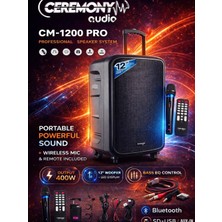 Ceremony Audio | CM-1200PRO | 12 Inç | 400W | 1 Uhf El 1 Yaka Mikrofonu | Profesyonel Portatif Bluetooth Hoparlör