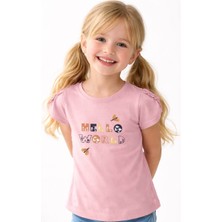 Noone Kız Çocuk "hello World" Baskılı Büzgülü Kol T-Shirt | Bisiklet Yaka | 6 Renk
