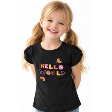 Noone Kız Çocuk "hello World" Baskılı Büzgülü Kol T-Shirt | Bisiklet Yaka | 6 Renk