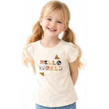 Noone Kız Çocuk "hello World" Baskılı Büzgülü Kol T-Shirt | Bisiklet Yaka | 6 Renk