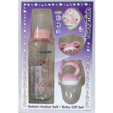Hanymish Bebek Hediye Seti 4'lü Pembe Cam Biberon 240 ml BPA İçermez Silikon Uç