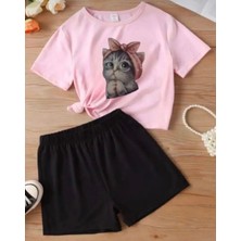 Punix Kids Özel Seri Bandanalı Minnoş  Kedicik Baskılı %100 Pamuk Kız Çocuk T-Shirt Şort Takımı