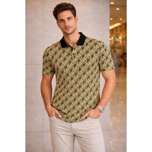 Tarz Yeri Erkek Pike Kumaş Polo Yaka Palmiye Desenli Tişört Kısa Kol Yazlık T-Shirt - Sarı