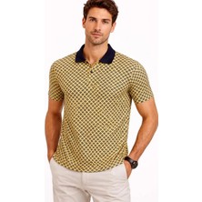 Tarz Yeri Erkek Pike Kumaş Polo Yaka Desenli Tişört Kısa Kol Yazlık T-Shirt - Sarı
