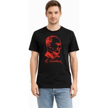 Tarz Yeri Erkek Atatürk Baskılı Tişört Kısa Kollu Bisiklet Yaka T-Shirt - Siyah