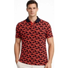 Zenvia Erkek Pike Kumaş Polo Yaka Palmiye Desenli Tişört Kısa Kol Yazlık T-Shirt - Kırmızı