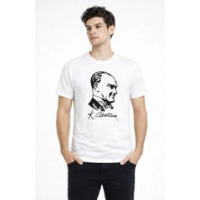 Tarz Yeri Erkek Atatürk Baskılı Tişört Kısa Kollu Bisiklet Yaka T-Shirt - Beyaz