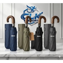 Sports Parachase Ahşap Baston Saplı Tam Otomatik 3 Kademeli Şemsiye - Paraşüt Karartma Kavisli