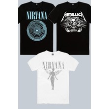 Rock&Roll Daire Daire Nirvana Siyah, Melek Nirvana Beyaz, Metallica Kurukafa 3'lü Erkek Tshirt Eko Paket