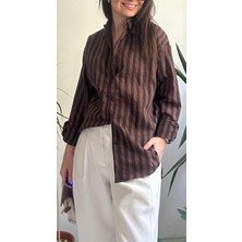 Lasorella Butik Kadın Kahverengi Çizgili Gömlek