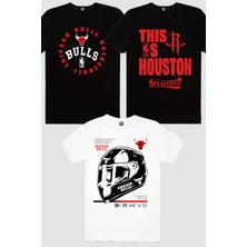 Rock&Roll Chicago Racing Beyaz, Rockets Basket Siyah, Bulls Basket 3'lü Erkek Tshirt Eko Paket