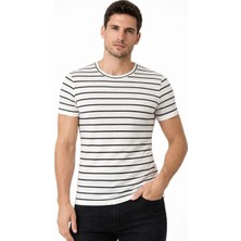 Tarz Yeri Erkek Çizgili Yazlık Triko T-Shirt Slim Fit Dar Kesim Body Bisiklet Yaka - Beyaz