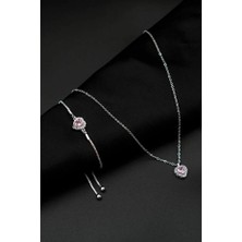 Zirkon Taşlı Kalp Charm Model Gümüş Renk Kadın Kolye ve Ayarlanabilir Bileklik Set