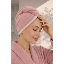 Ellia Soft Hair Dantelli Kalın Bambu Pamuk Kutulu Saç Kurutma Bonesi Saç Havlusu Saç Kurulama Havlusu Pembe
