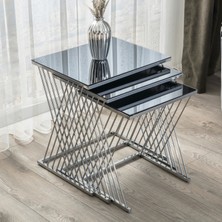 Mobi Evim Mobievim 3'lü Zigon Sehpa Gümüş Metal Ayaklı Füme Aynalı Modern Tasarım 60x45x55 cm