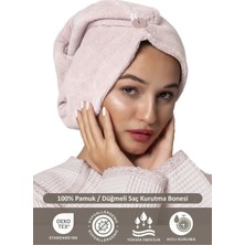 Ellia Soft Marcella %100 Pamuk Saç Kurutma Bonesi Lastikli ve Düğmeli Havlu Bone Pembe