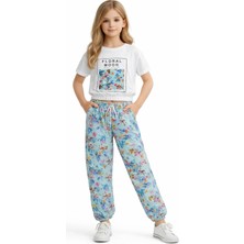 Bonito Kız Çocuk Floral Mood Yazı Desenli Tişört Çiçek Desenli Pantolonlu Yeşil Renk İkili Takım