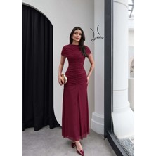 Esra Helvacı Boyun Bel Büzgülü Tül Elbise