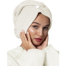 Ellia Soft Marcella %100 Pamuk Saç Kurutma Bonesi Lastikli ve Düğmeli Havlu Bone Krem