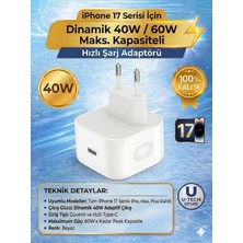 utechno iPhone 17 17 Pro 17 Pro Max 17 Plus Uyumlu 40W Hızlı Şarj Adaptörü Type-C 60W Dinamik Süper Hızlı Şarj Destekli Güvenli Şarj Başlığı Beyaz