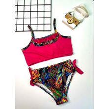 Cacobebiş Kız Çocuk Hawaii Yaprak Baskılı Bikini Takım Fuşya