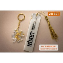 LMS Gift Kişiye Özel 2’li Hediyelik Set Epoksi Kitap Ayracı ve Yonca Anahtarlık Gold Detaylı