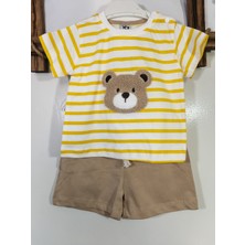 Diba Bebek Çizgili Ayı Nakışlı Kısa Kollu - Şortlu Yazlık Erkek 2'li Takım