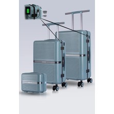 Zeplin Nora PC Policarbon USB & Type-C Şarj Girişli 3'lü Valiz Seti (Kabin Orta ve Makyaj) Mavi