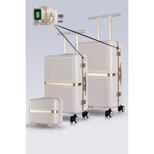 Zeplin Nora PC Policarbon USB & Type-C Şarj Girişli 3'lü Valiz Seti (Kabin Orta ve Makyaj) Bej