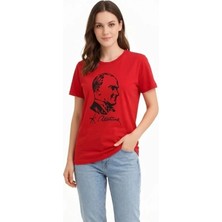 Antakya Yöresi Atatürk Baskılı Tişört Kısa Kollu Bisiklet Yaka  T-Shirt - Kırmızı