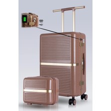 Zeplin Nora PC Policarbon USB & Type-C Şarj Girişli 2'li Valiz Seti (Orta ve Makyaj) Karamel