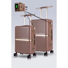 Zeplin Nora PC Policarbon USB & Type-C Şarj Girişli 2'li Valiz Seti (Kabin ve Orta) Karamel