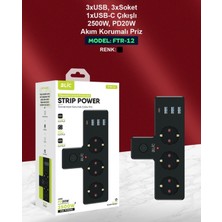 Blic Ftr-12 Termal Akım Korumalı 3 Priz /3 USB / 1 Typec 20W Girişli Duvar Tipi 3 Lü Priz