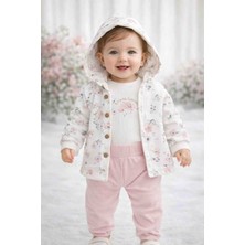 Uçurtma Baby Kids Bubbles Organik Kumaşlı Çiçekli Kapşonlu Ceketli 3'lü Kız Bebek Mevsimlik Takım